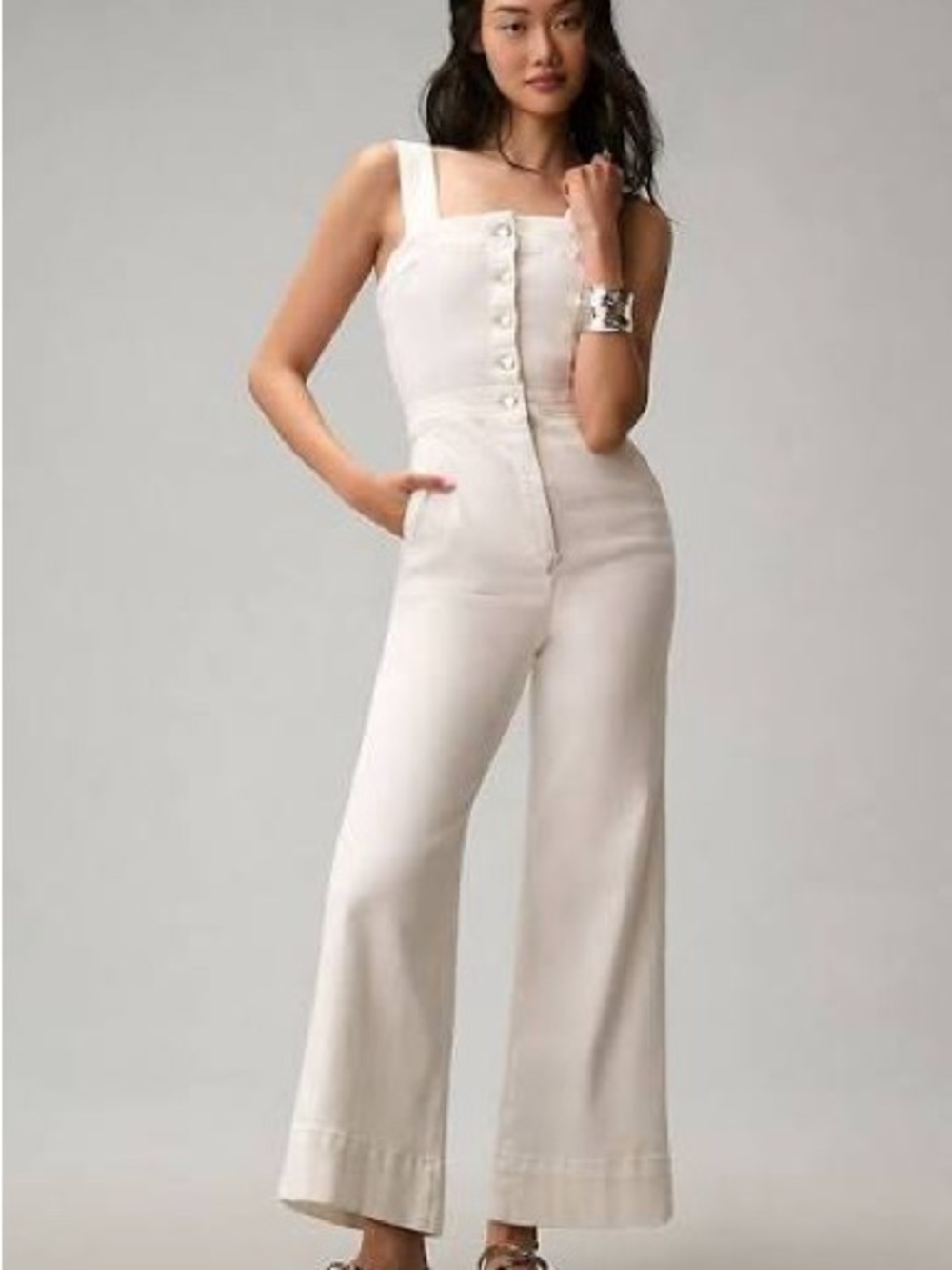 Anthropologie The Portside Button-Front Jumpsuit by Maeve: White Denim Edition